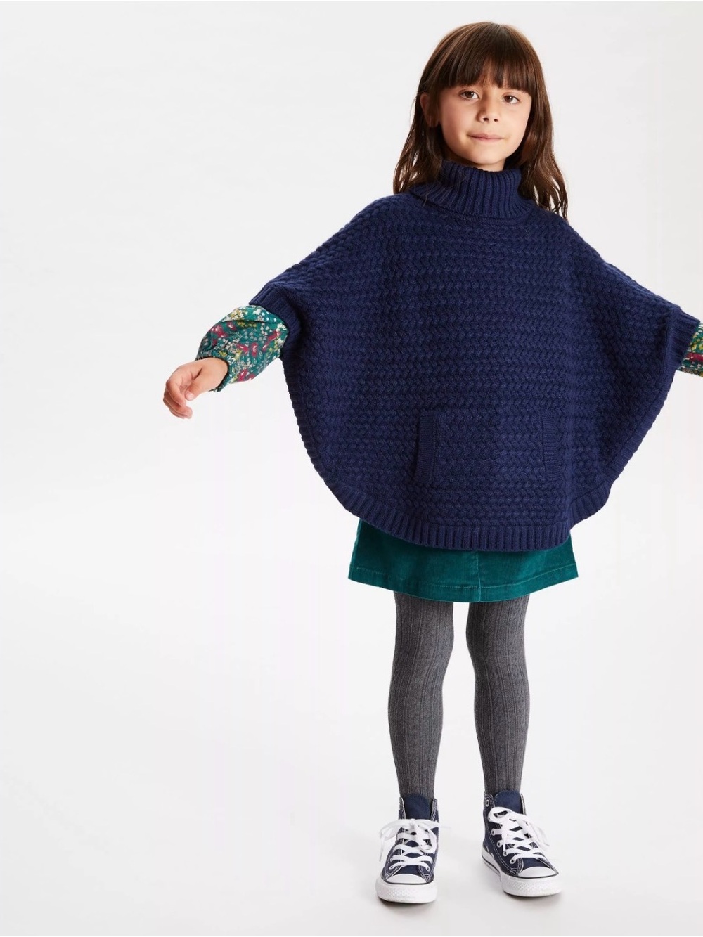 Girls Navy Knit Poncho with Turtleneck